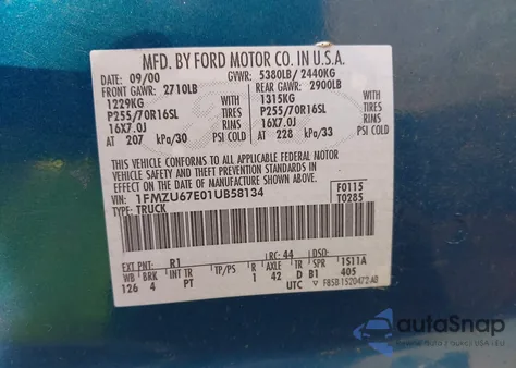 2001 Ford Explorer Sport Trac из США, поврежденный, VIN 1FMZU67E01UB58134